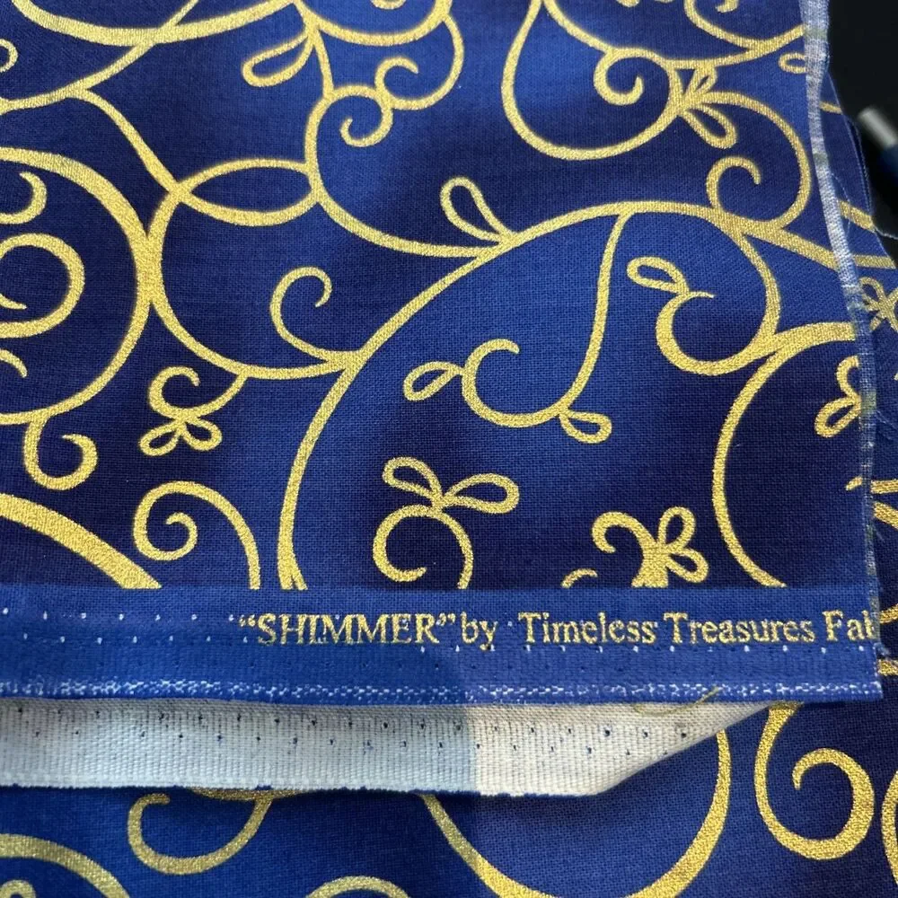 Timeless Treasures Blue & Gold Shimmer Scroll Cotton Quilting Fabric 37